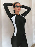  | SHEIN DAZY Women's Sporty Swimwear Jacket, Black And White Color Block Long Sleeve Zipper Swim Coat, Conservative Sun-Protective Slim-Fit Swimming Jacket, Suitable For Vacation Diving (Without Pants) Summer | Lingerie | Shein | OneHub