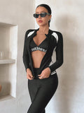  | SHEIN DAZY Women's Sporty Swimwear Jacket, Black And White Color Block Long Sleeve Zipper Swim Coat, Conservative Sun-Protective Slim-Fit Swimming Jacket, Suitable For Vacation Diving (Without Pants) Summer | Lingerie | Shein | OneHub