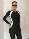  | SHEIN DAZY Women's Sporty Swimwear Jacket, Black And White Color Block Long Sleeve Zipper Swim Coat, Conservative Sun-Protective Slim-Fit Swimming Jacket, Suitable For Vacation Diving (Without Pants) Summer | Lingerie | Shein | OneHub