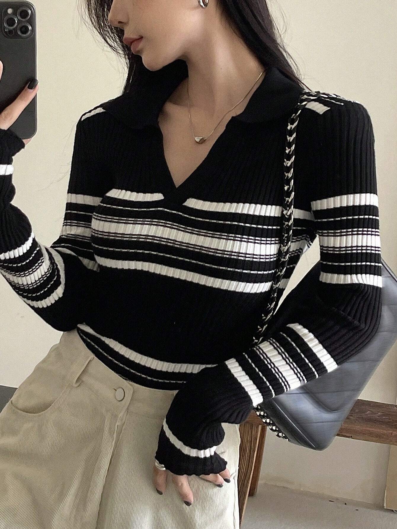  | SHEIN DAZY Women's Striped Collared Long Sleeve Business Casual Pullover Sweater,Fall Clothes | Sweater | Shein | OneHub