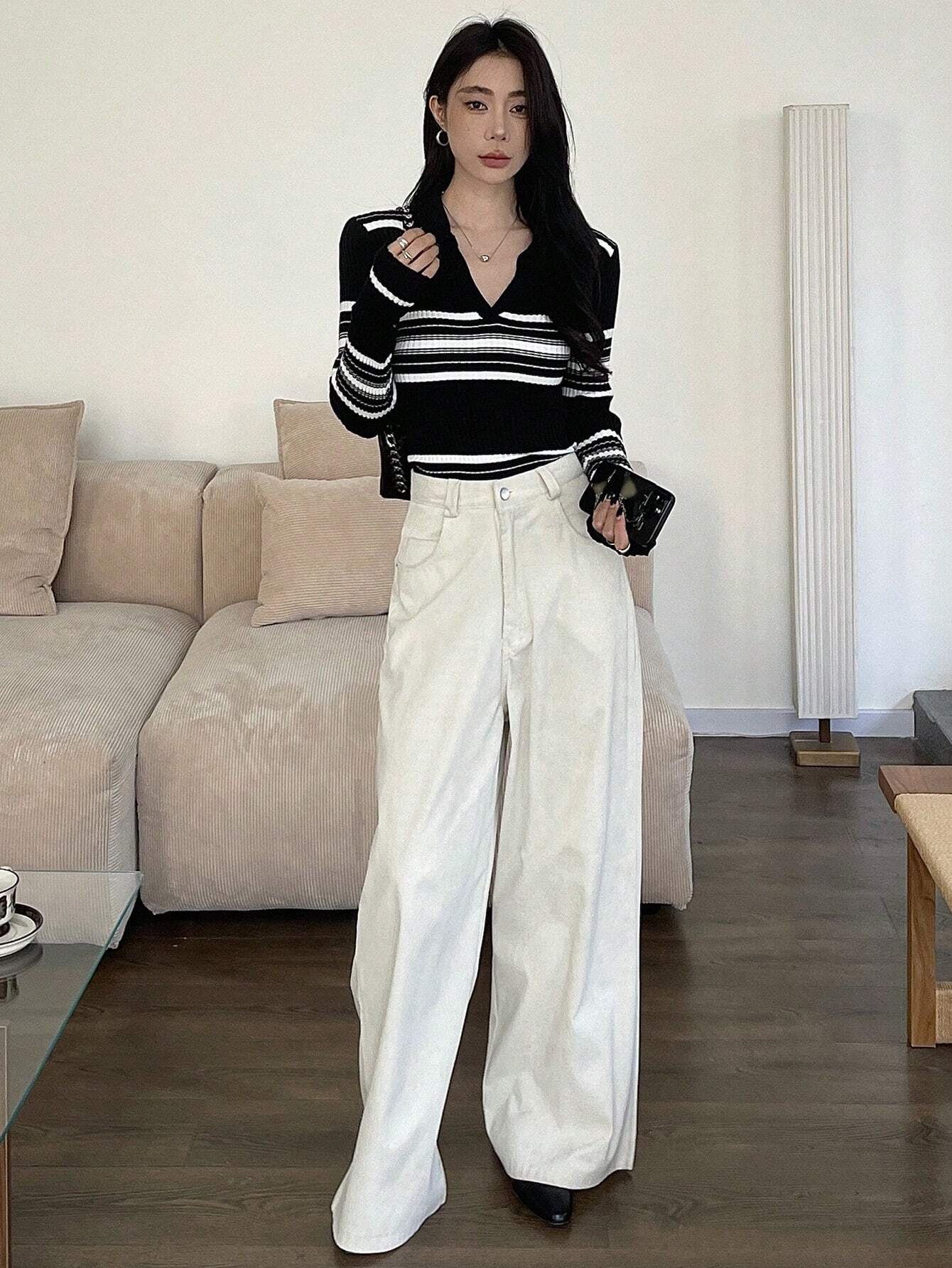  | SHEIN DAZY Women's Striped Collared Long Sleeve Business Casual Pullover Sweater,Fall Clothes | Sweater | Shein | OneHub