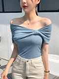 SHEIN DAZY Women's Summer Solid Color Off-Shoulder Twisted Casual T-Shirt