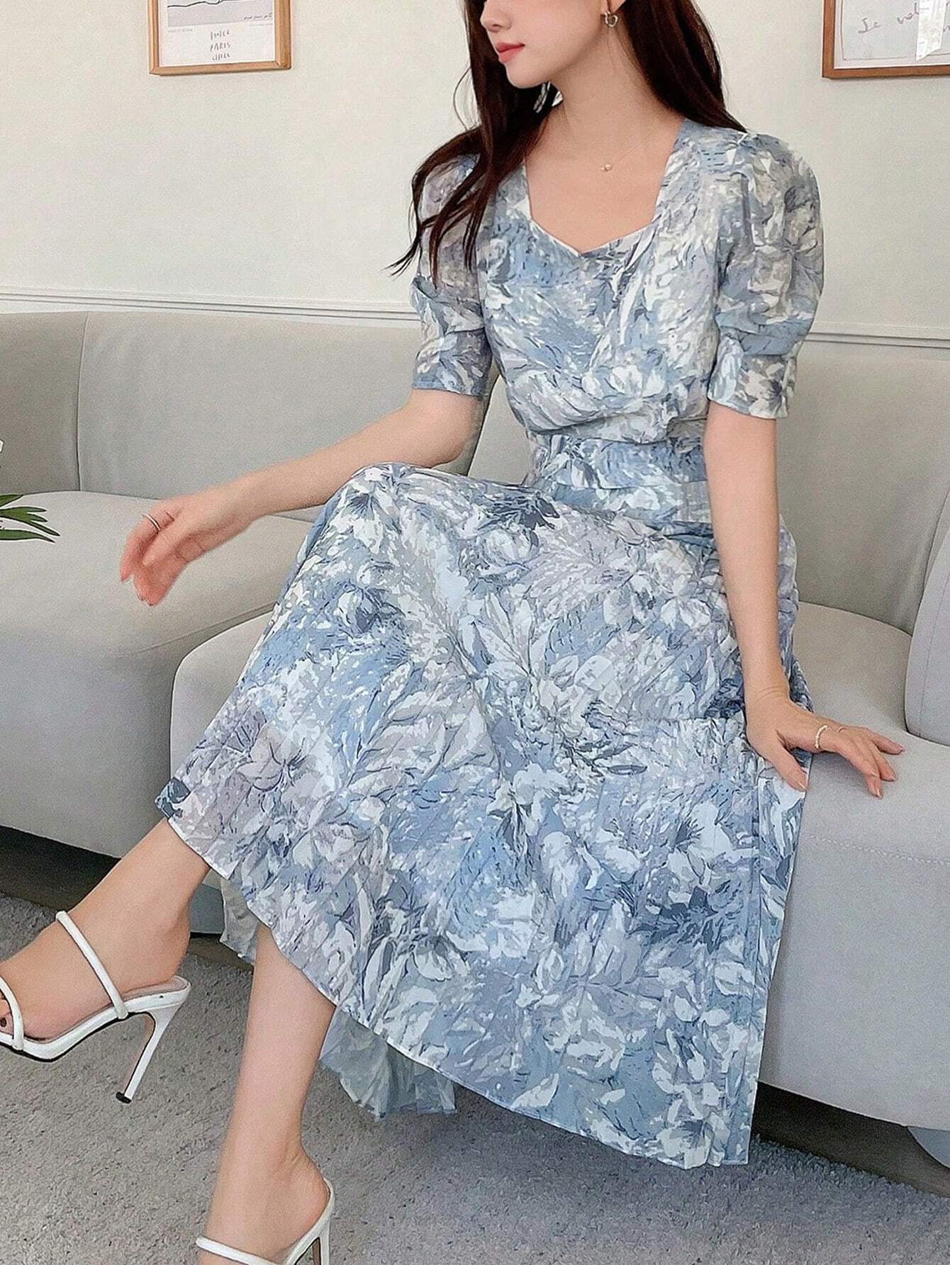  | SHEIN DAZY Women's Sweetheart Neckline Watercolor Floral Print Cinched Waist Puff Sleeve Pleated Dress | Dress | Shein | OneHub