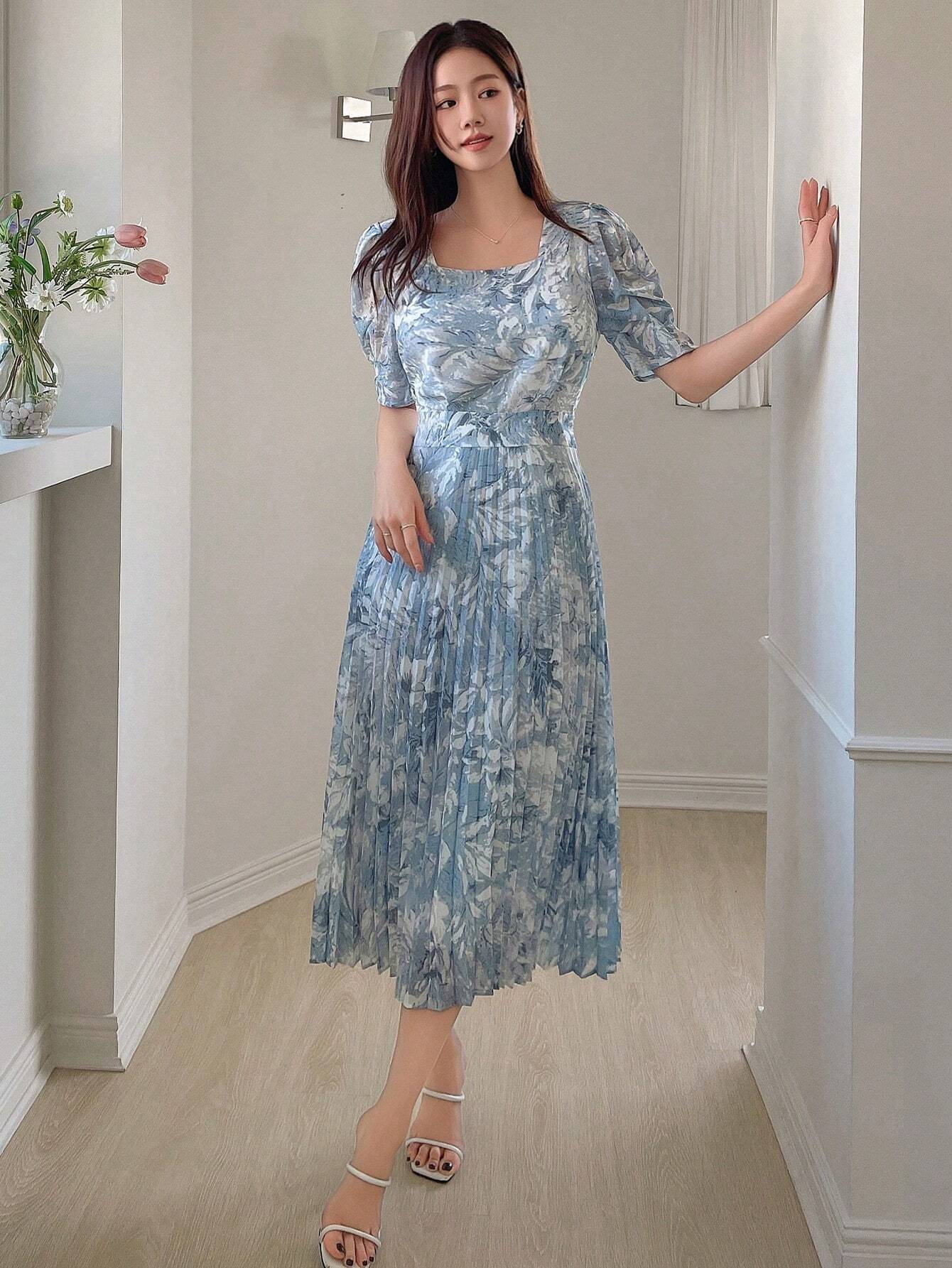  | SHEIN DAZY Women's Sweetheart Neckline Watercolor Floral Print Cinched Waist Puff Sleeve Pleated Dress | Dress | Shein | OneHub