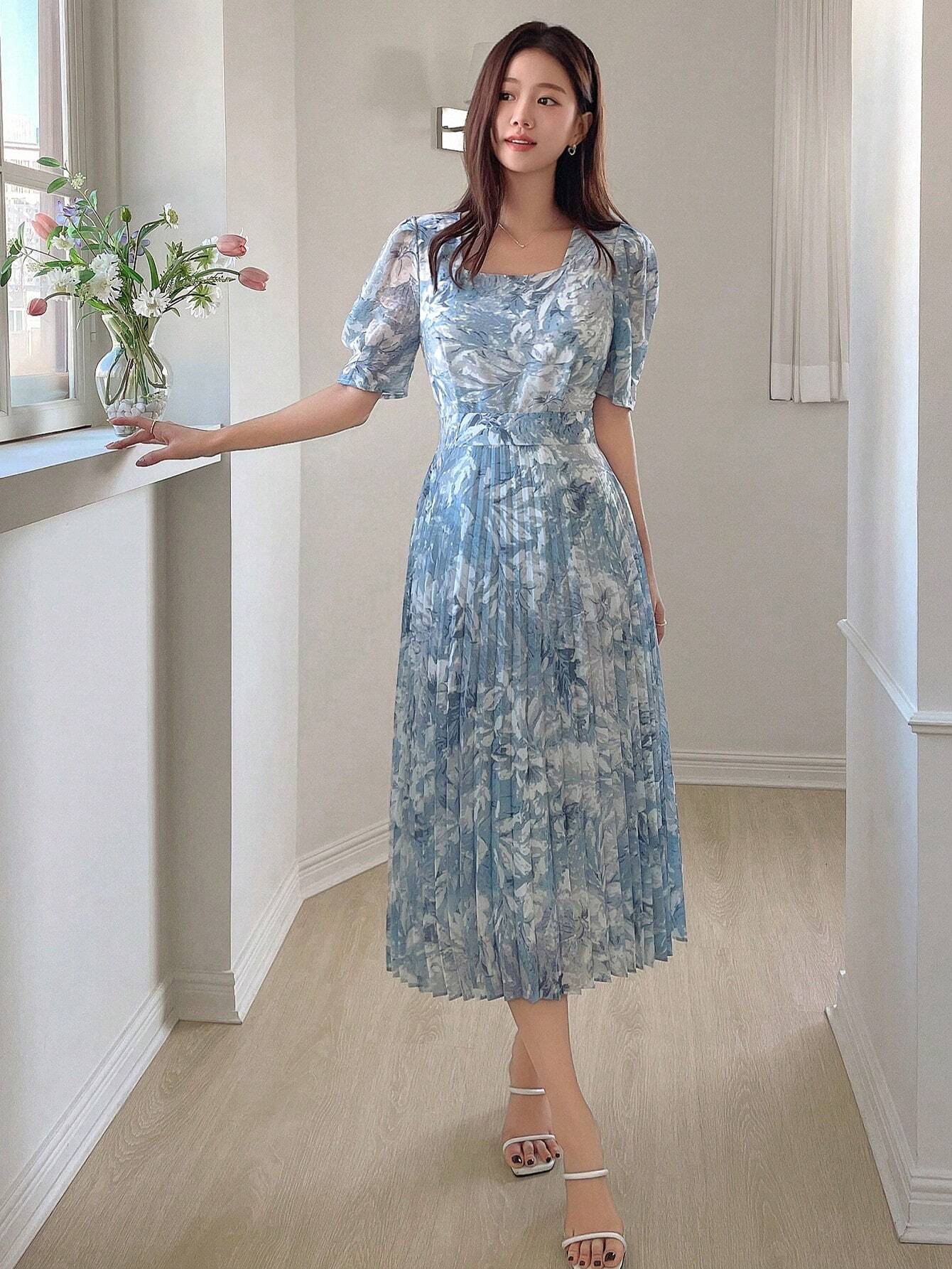  | SHEIN DAZY Women's Sweetheart Neckline Watercolor Floral Print Cinched Waist Puff Sleeve Pleated Dress | Dress | Shein | OneHub