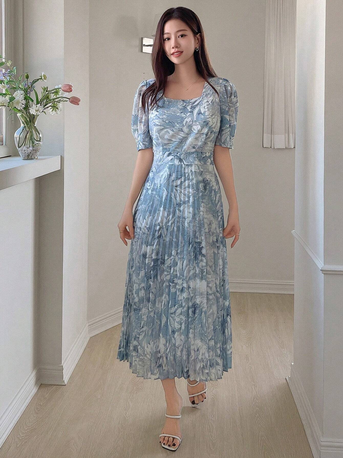  | SHEIN DAZY Women's Sweetheart Neckline Watercolor Floral Print Cinched Waist Puff Sleeve Pleated Dress | Dress | Shein | OneHub