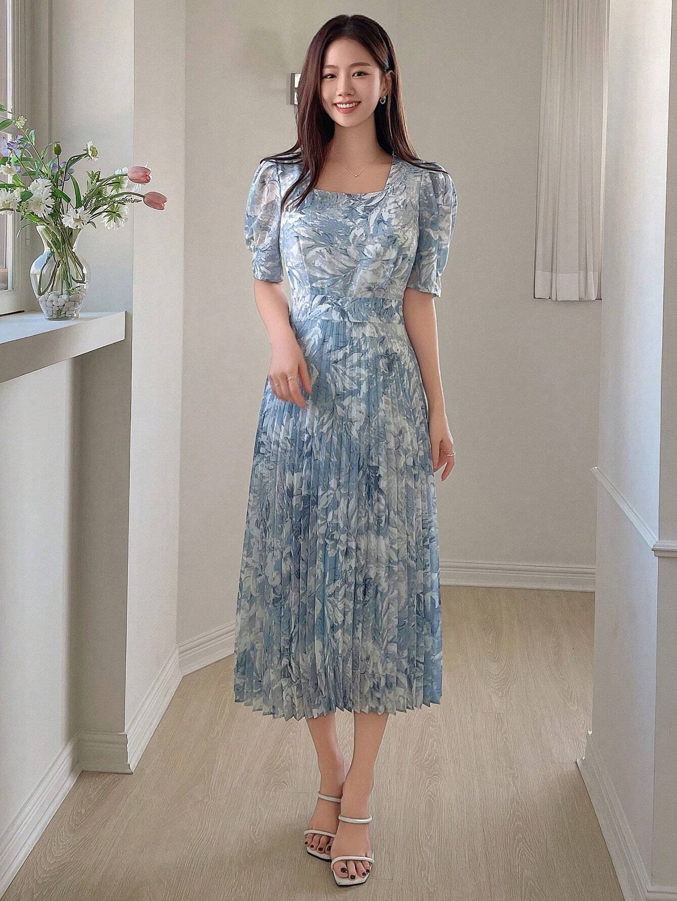  | SHEIN DAZY Women's Sweetheart Neckline Watercolor Floral Print Cinched Waist Puff Sleeve Pleated Dress | Dress | Shein | OneHub