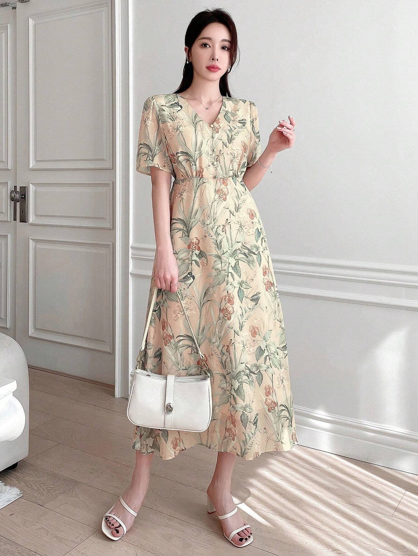  | SHEIN Dazy Designer Floral Print Deep V-Neck Wrap Tie Short Sleeve Dress With Ruffle Hem For Women | Dress | Shein | OneHub