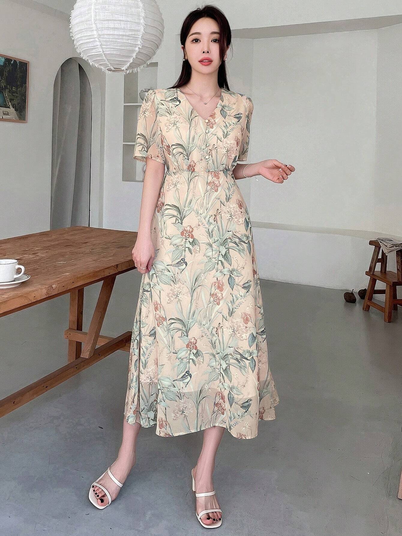  | SHEIN Dazy Designer Floral Print Deep V-Neck Wrap Tie Short Sleeve Dress With Ruffle Hem For Women | Dress | Shein | OneHub