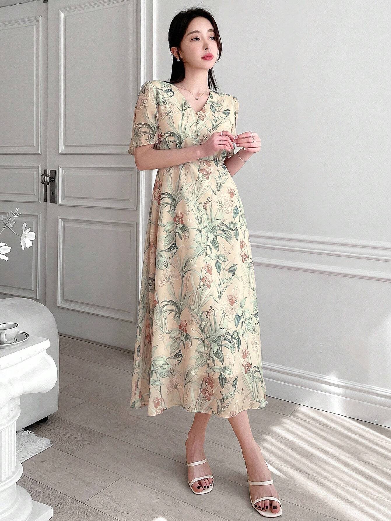  | SHEIN Dazy Designer Floral Print Deep V-Neck Wrap Tie Short Sleeve Dress With Ruffle Hem For Women | Dress | Shein | OneHub