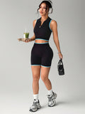 SHEIN Dewbera Outdoor Sports Contrast Color Seamless Zipper Front Sports Bra