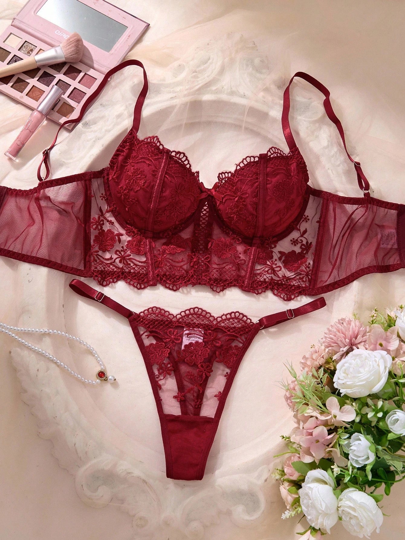 SHEIN Divavoom 2pcs/Set Women's White Romantic Long Bra Lingerie Set Red Lace Lingerie Set Burgundy Lingerie Set Lace Bra And Panty Set Maroon Lingerie