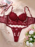 SHEIN Divavoom 2pcs/Set Women's White Romantic Long Bra Lingerie Set Red Lace Lingerie Set Burgundy Lingerie Set Lace Bra And Panty Set Maroon Lingerie