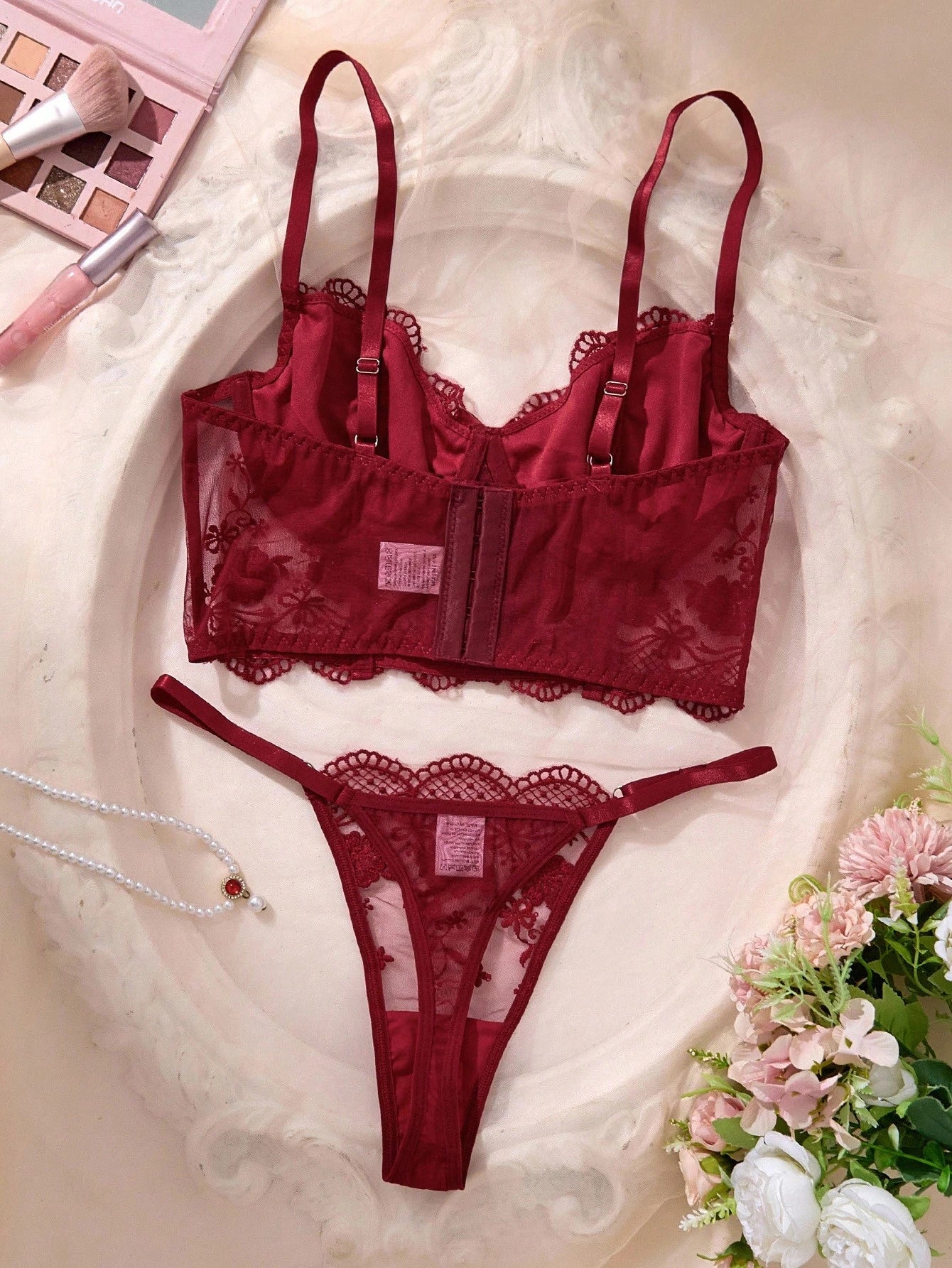 SHEIN Divavoom 2pcs/Set Women's White Romantic Long Bra Lingerie Set Red Lace Lingerie Set Burgundy Lingerie Set Lace Bra And Panty Set Maroon Lingerie