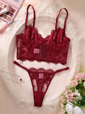 SHEIN Divavoom 2pcs/Set Women's White Romantic Long Bra Lingerie Set Red Lace Lingerie Set Burgundy Lingerie Set Lace Bra And Panty Set Maroon Lingerie