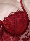 SHEIN Divavoom 2pcs/Set Women's White Romantic Long Bra Lingerie Set Red Lace Lingerie Set Burgundy Lingerie Set Lace Bra And Panty Set Maroon Lingerie