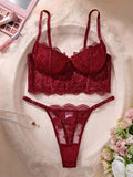 SHEIN Divavoom 2pcs/Set Women's White Romantic Long Bra Lingerie Set Red Lace Lingerie Set Burgundy Lingerie Set Lace Bra And Panty Set Maroon Lingerie