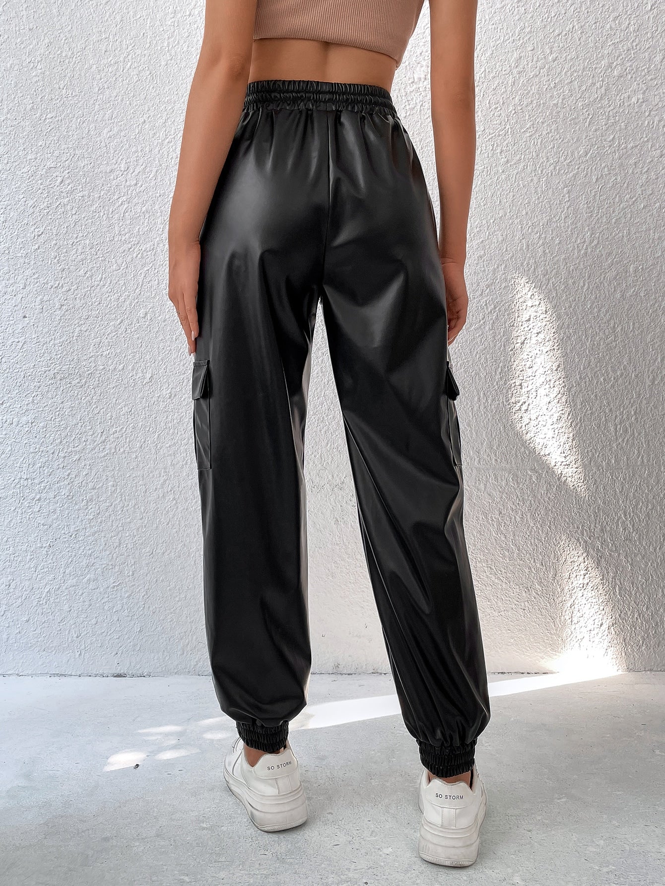  | SHEIN Drawstring Waist Flap Pocket Side PU Pants | Pants | Shein | OneHub
