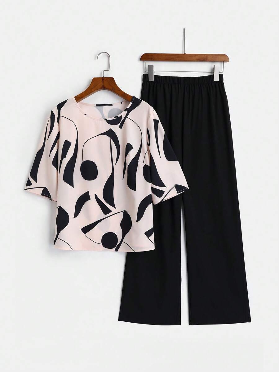  | SHEIN EMERY ROSE 2pcs Women Geometric Print Round Neck Short Sleeve Top And Wide Leg Pants Regular Casual Suit Set | Top and Pant Set | Shein | OneHub