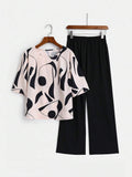 SHEIN EMERY ROSE 2pcs Women Geometric Print Round Neck Short Sleeve Top And Wide Leg Pants Regular Casual Suit Set