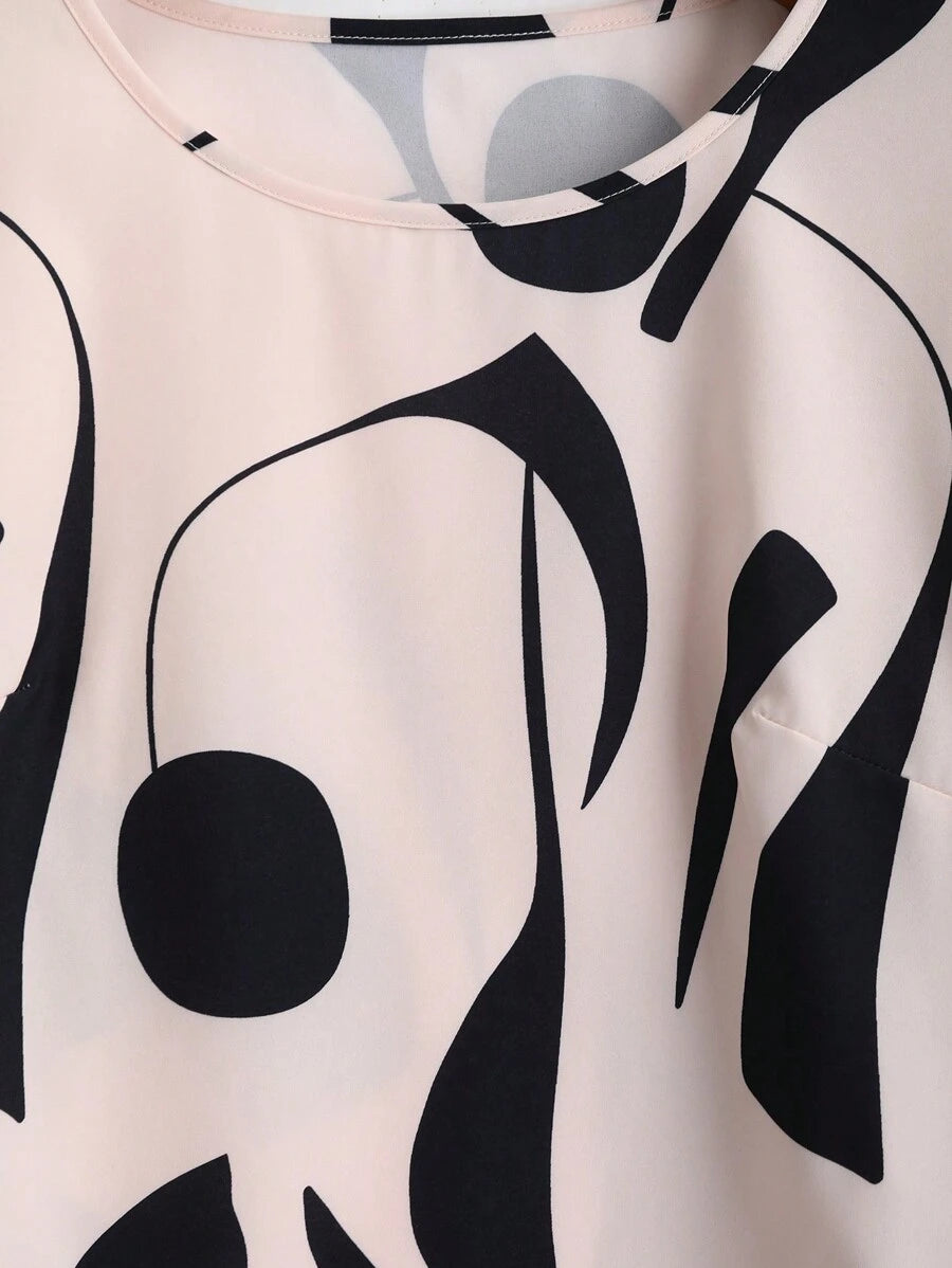  | SHEIN EMERY ROSE 2pcs Women Geometric Print Round Neck Short Sleeve Top And Wide Leg Pants Regular Casual Suit Set | Top and Pant Set | Shein | OneHub