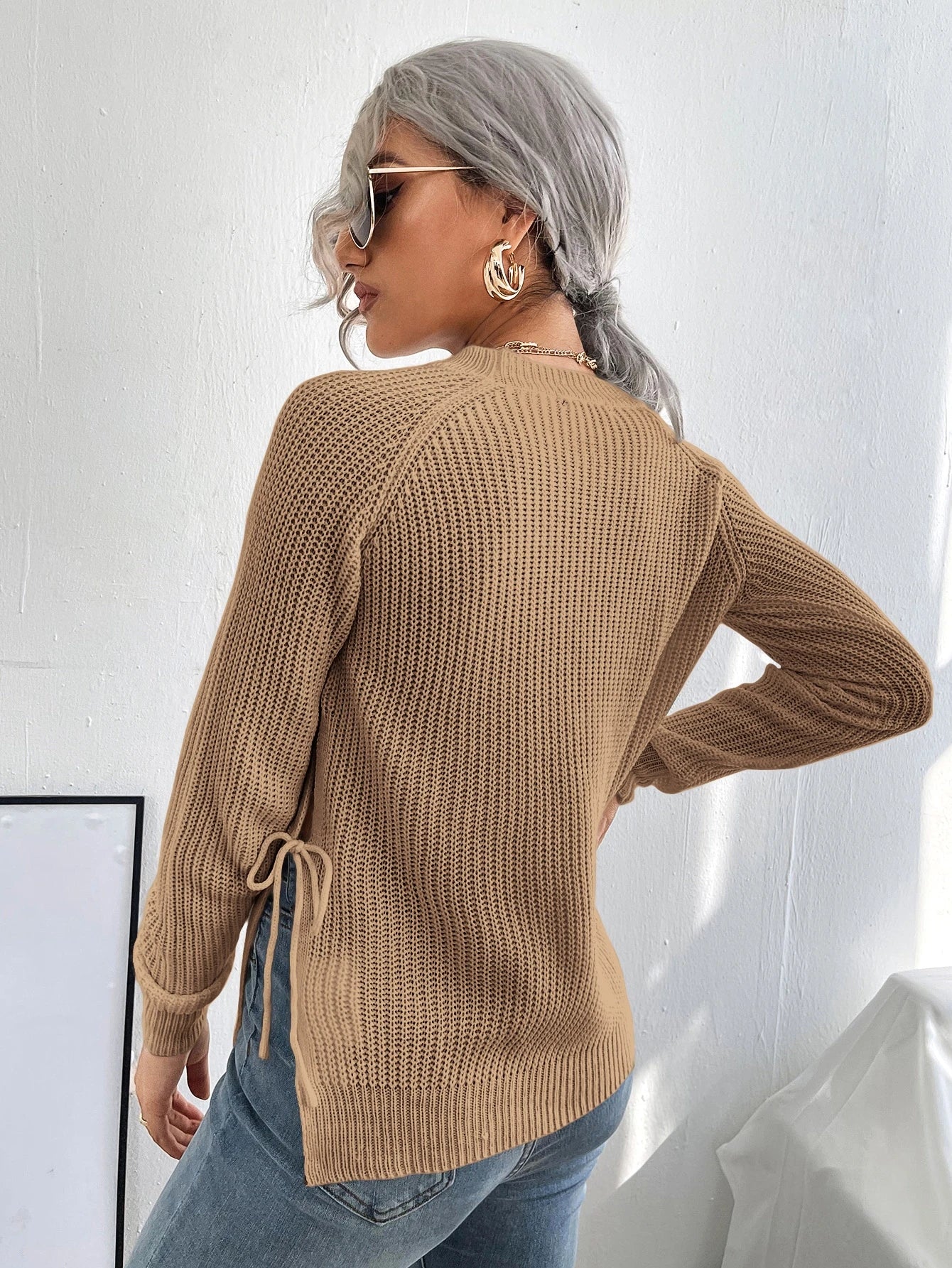 SHEIN EMERY ROSE Split Knot Side Raglan Sleeve Sweater,Long Sleeve Tops Knit Pullover Fall Winter Outfit