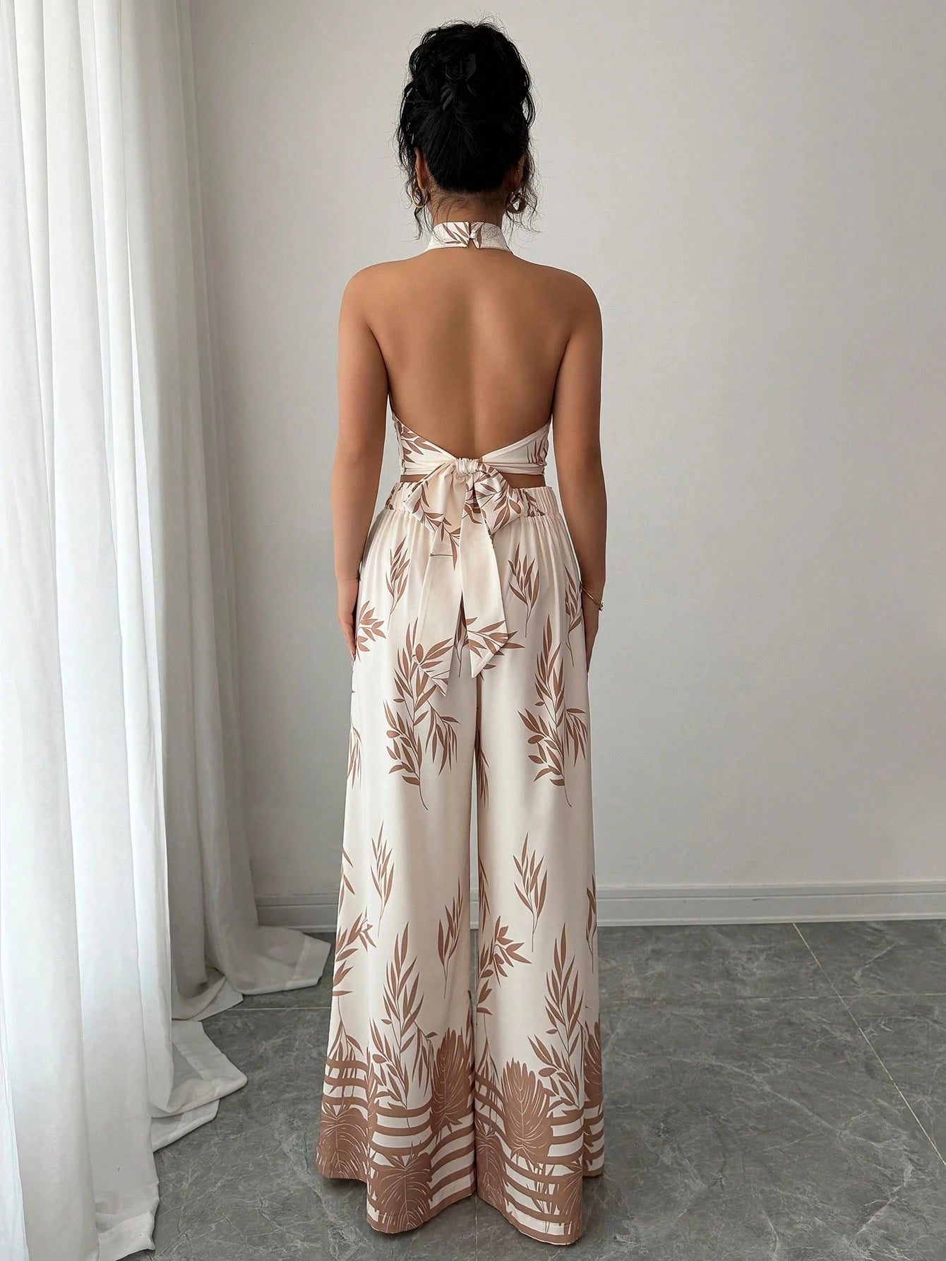  | SHEIN EMERY ROSE Women's Elegant Vacation 2 Pieces Set, Halter Neck, Backless Tie Waist, Printed Wide Leg Pants | Top and Pant Set | Shein | OneHub