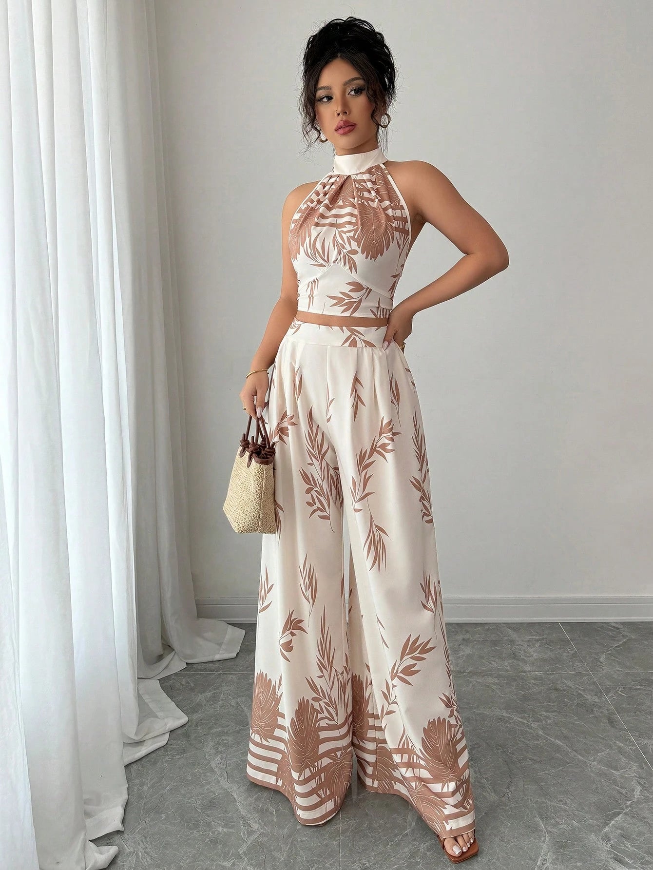  | SHEIN EMERY ROSE Women's Elegant Vacation 2 Pieces Set, Halter Neck, Backless Tie Waist, Printed Wide Leg Pants | Top and Pant Set | Shein | OneHub