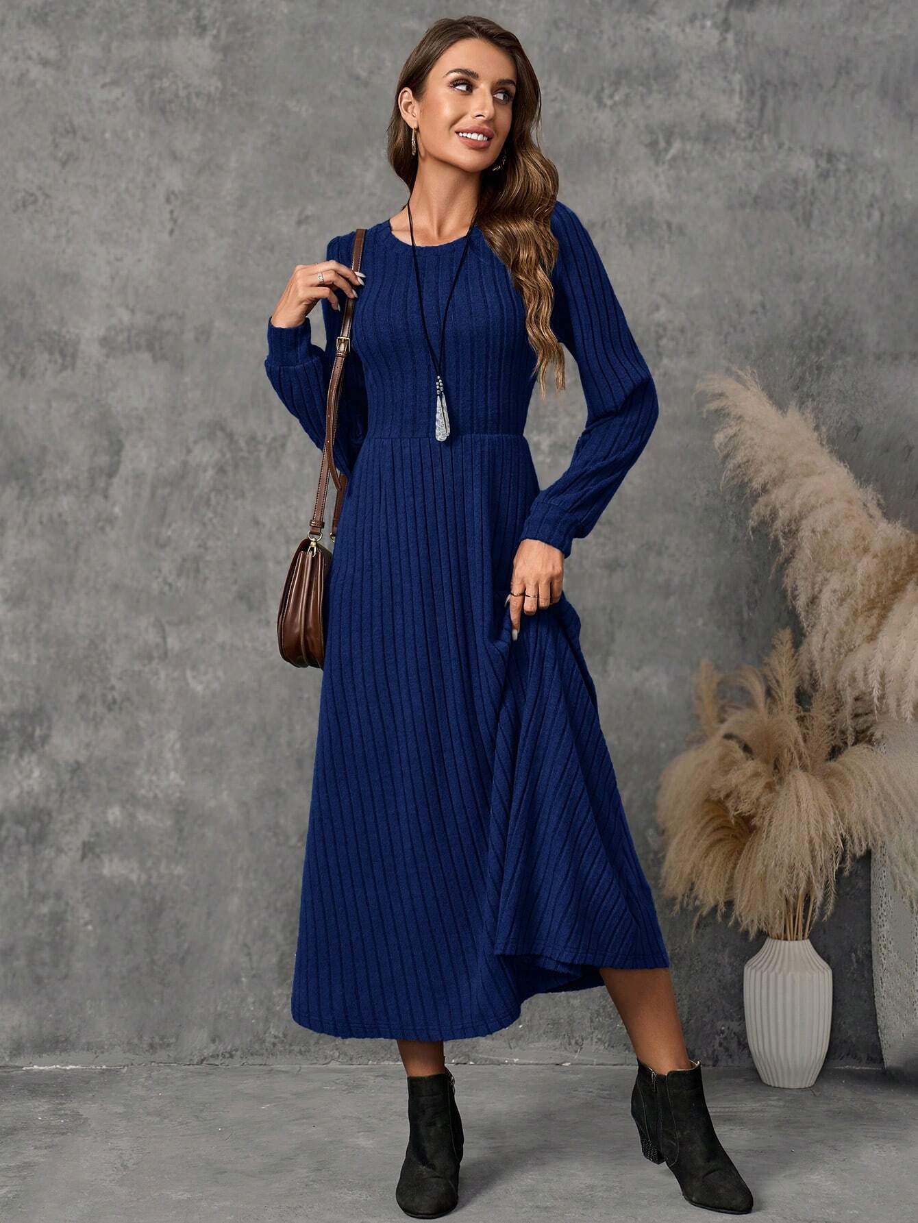  | SHEIN EMERY ROSE Women's Solid Color Ribbed Crew Neck Long Sleeve Dress | Dress | Shein | OneHub