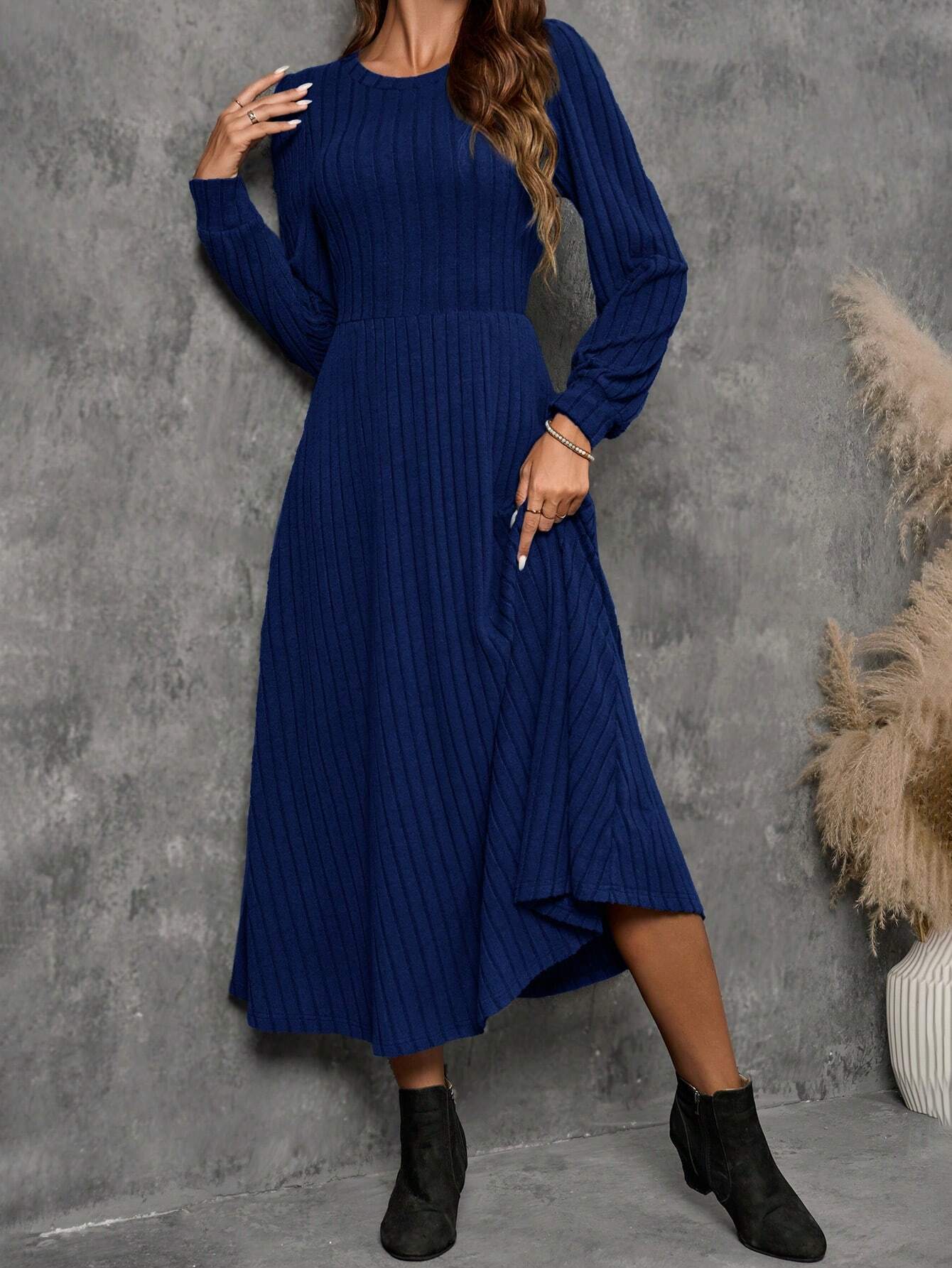  | SHEIN EMERY ROSE Women's Solid Color Ribbed Crew Neck Long Sleeve Dress | Dress | Shein | OneHub