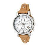 Fossil Original Boyfriend Brown Leather Strap White Dial Chronograph Quartz Watch for Women - ES3625