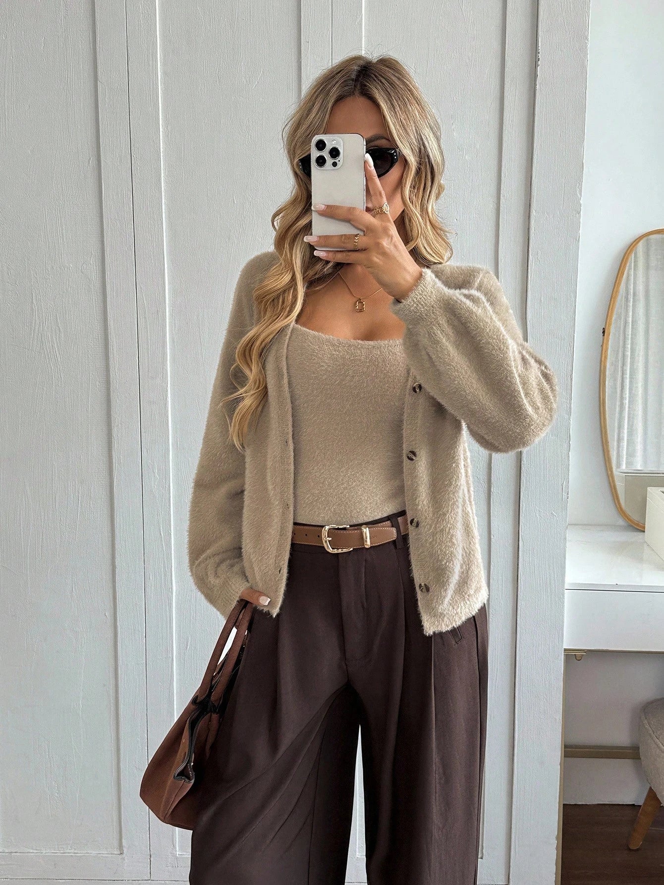 SHEIN Easowa Brown 2pcs Women Casual Loose Knit Camisole Top And Button-Front Cardigan Sweater Set