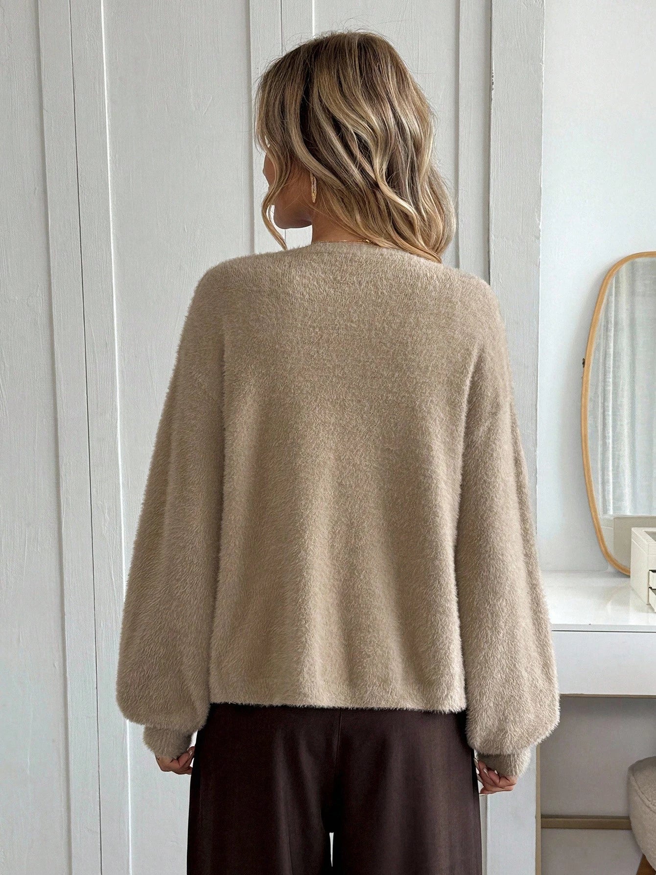 SHEIN Easowa Brown 2pcs Women Casual Loose Knit Camisole Top And Button-Front Cardigan Sweater Set