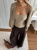 SHEIN Easowa Brown 2pcs Women Casual Loose Knit Camisole Top And Button-Front Cardigan Sweater Set