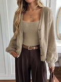 SHEIN Easowa Brown 2pcs Women Casual Loose Knit Camisole Top And Button-Front Cardigan Sweater Set