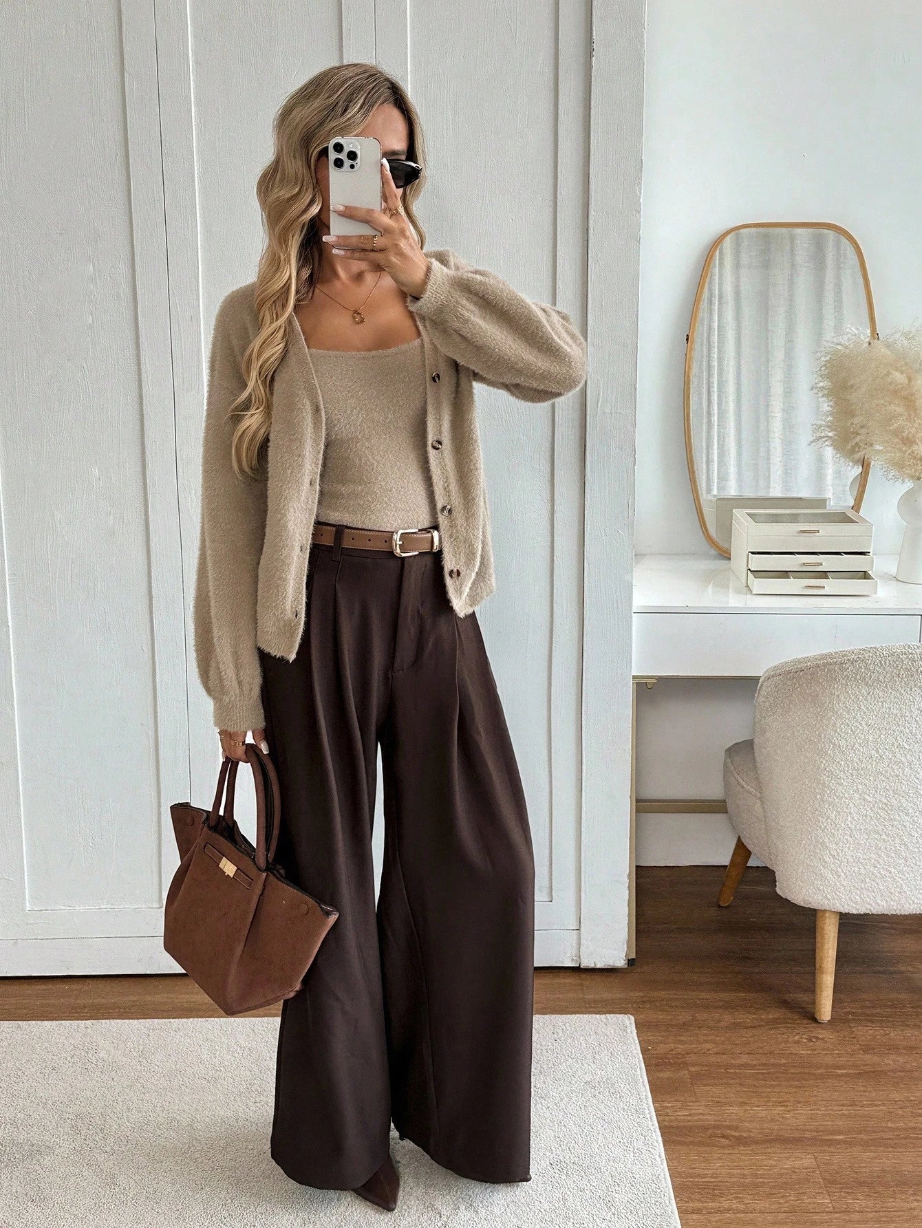 SHEIN Easowa Brown 2pcs Women Casual Loose Knit Camisole Top And Button-Front Cardigan Sweater Set