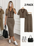 SHEIN Easowa Women's Button Half-Placket Cardigan And Brown Stripe Striped Striped Slim Fit Midi Skirt 2 Pieces Set Brunch Summer Casual Elegant Office Brunch