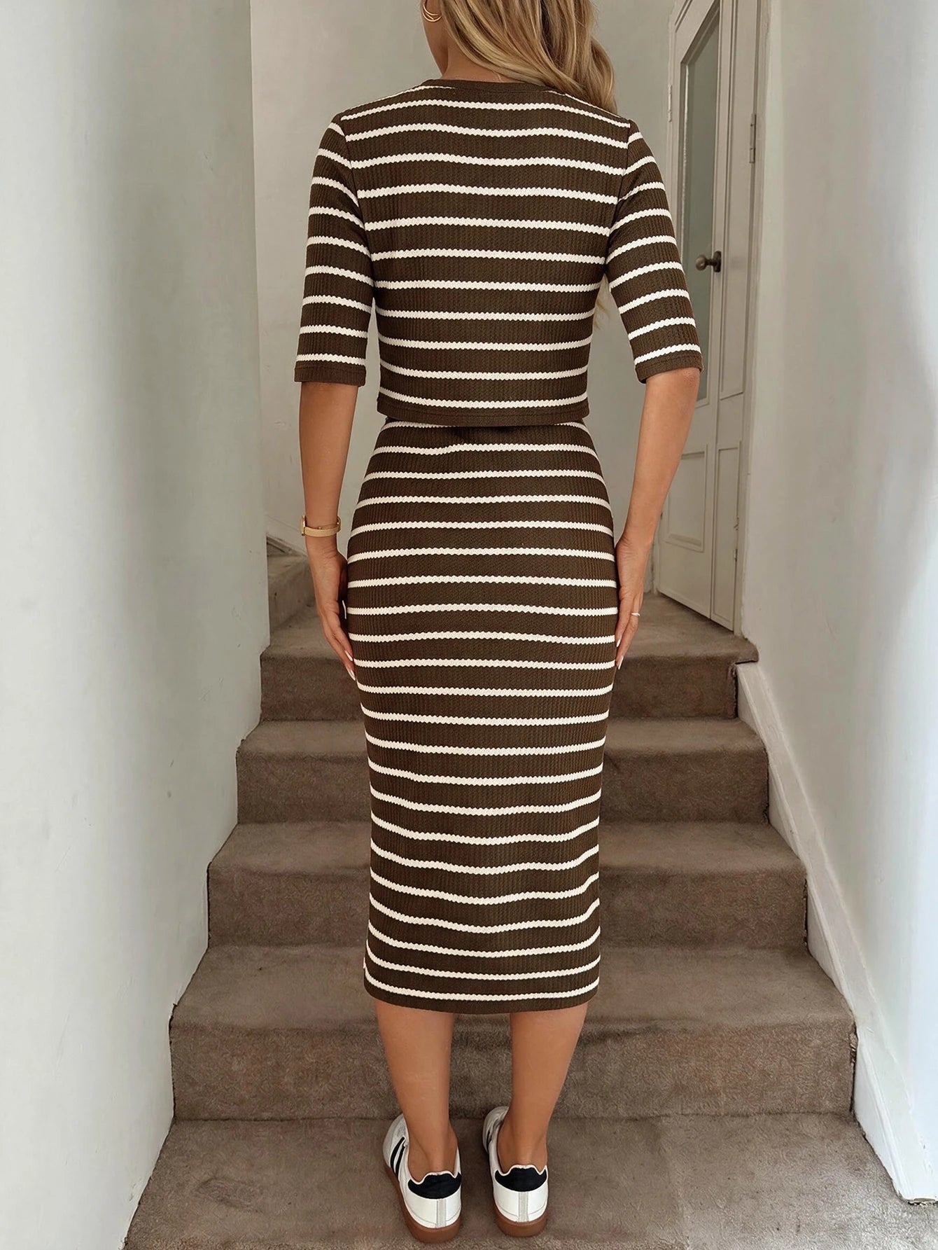 SHEIN Easowa Women's Button Half-Placket Cardigan And Brown Stripe Striped Striped Slim Fit Midi Skirt 2 Pieces Set Brunch Summer Casual Elegant Office Brunch