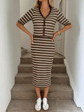 SHEIN Easowa Women's Button Half-Placket Cardigan And Brown Stripe Striped Striped Slim Fit Midi Skirt 2 Pieces Set Brunch Summer Casual Elegant Office Brunch