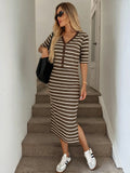 SHEIN Easowa Women's Button Half-Placket Cardigan And Brown Stripe Striped Striped Slim Fit Midi Skirt 2 Pieces Set Brunch Summer Casual Elegant Office Brunch
