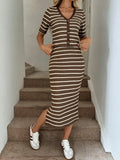 SHEIN Easowa Women's Button Half-Placket Cardigan And Brown Stripe Striped Striped Slim Fit Midi Skirt 2 Pieces Set Brunch Summer Casual Elegant Office Brunch