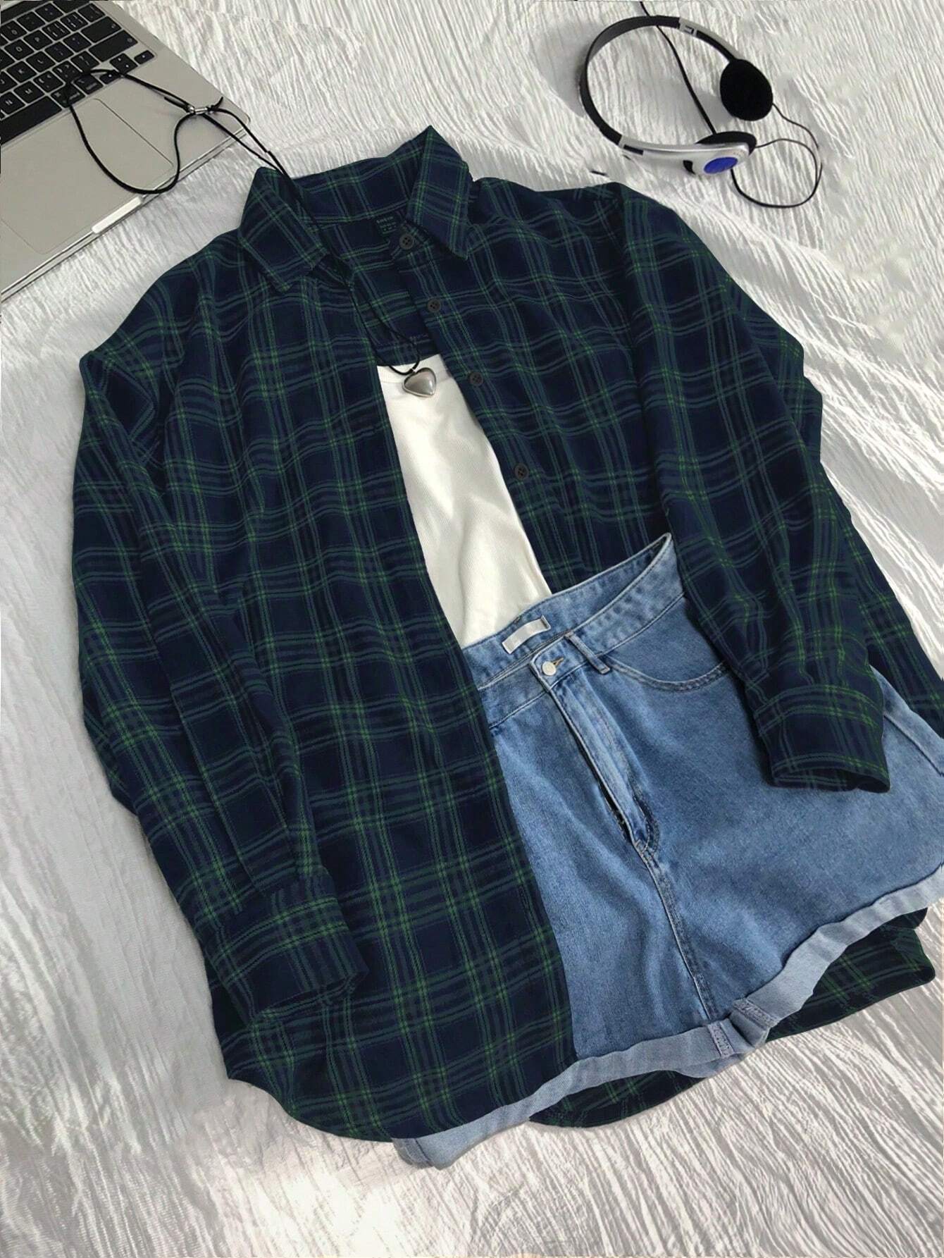 SHEIN Elamini Vintage Plaid Loose Fit Shirt For Women, Fashionable And Versatile, Autumn/Winter
