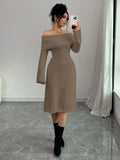 SHEIN Elenzga 1pc Off Shoulder Long Sleeve Knitted Warm A-Line Hem Beige Sweater Dress For Women, Autumn/Winter