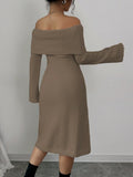 SHEIN Elenzga 1pc Off Shoulder Long Sleeve Knitted Warm A-Line Hem Beige Sweater Dress For Women, Autumn/Winter