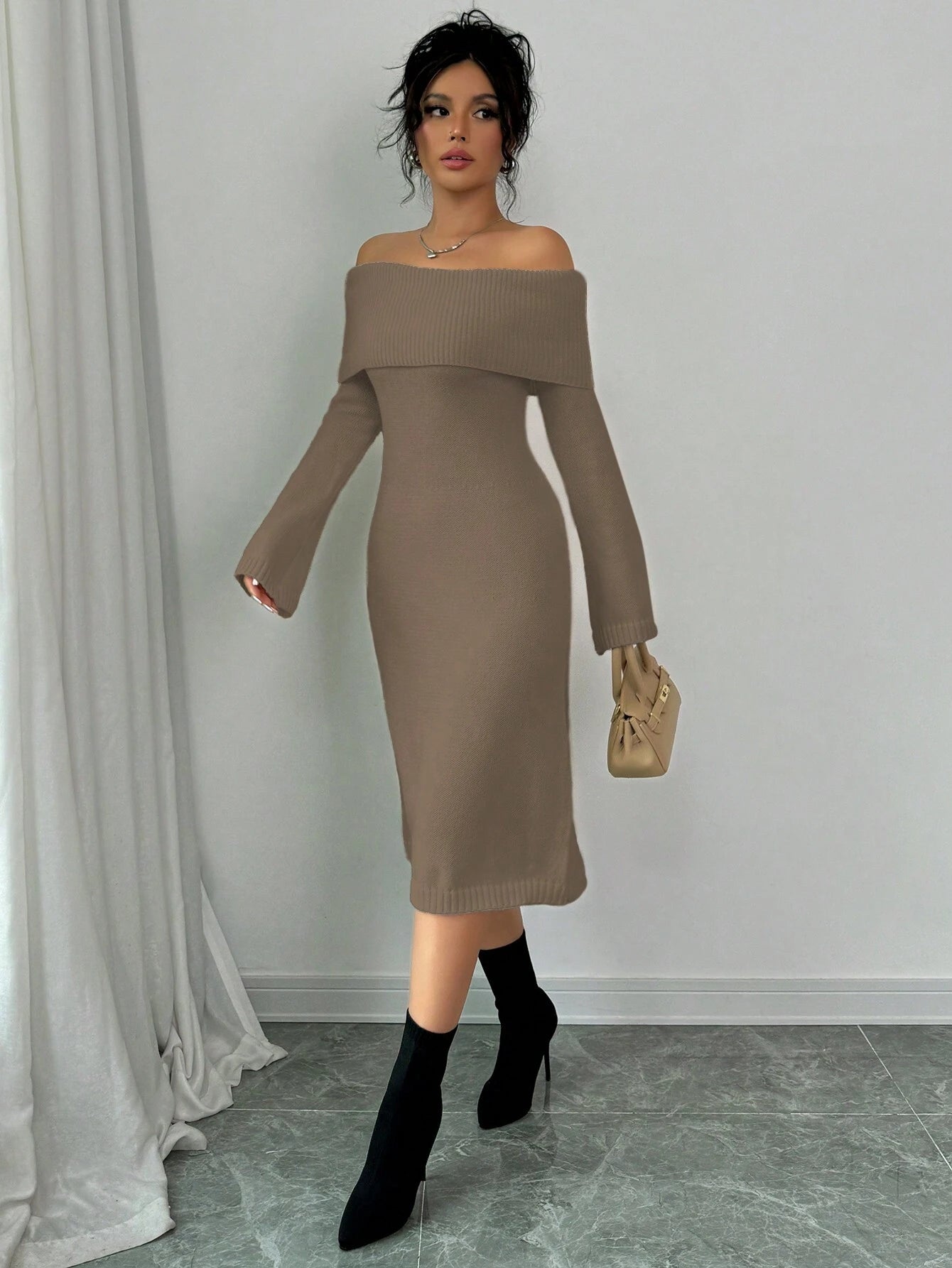 SHEIN Elenzga 1pc Off Shoulder Long Sleeve Knitted Warm A-Line Hem Beige Sweater Dress For Women, Autumn/Winter