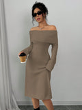 SHEIN Elenzga 1pc Off Shoulder Long Sleeve Knitted Warm A-Line Hem Beige Sweater Dress For Women, Autumn/Winter