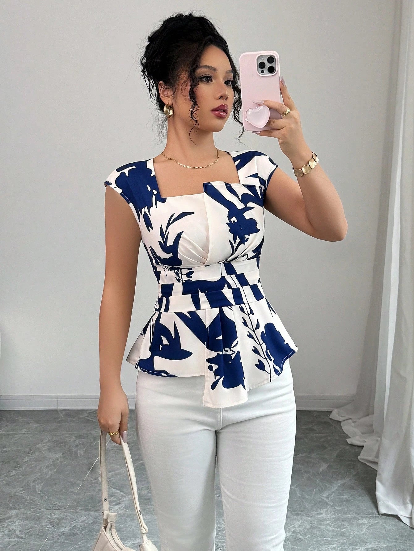  | SHEIN Elenzga 1pc Women's Plant Print Cinched Waist Woven Short Sleeve Shirt For Summer | Top | Shein | OneHub