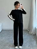 SHEIN Elenzga 2pcs Women Fashion Striped Contrast Color Round Neck T-Shirt And Long Pants Set