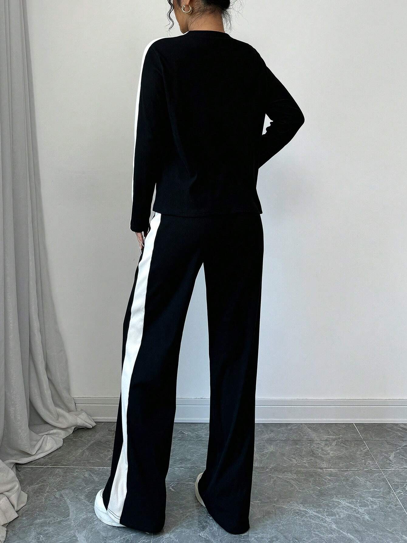  | SHEIN Elenzga 2pcs Women Fashion Striped Contrast Color Round Neck T-Shirt And Long Pants Set | Top and Pant Set | Shein | OneHub