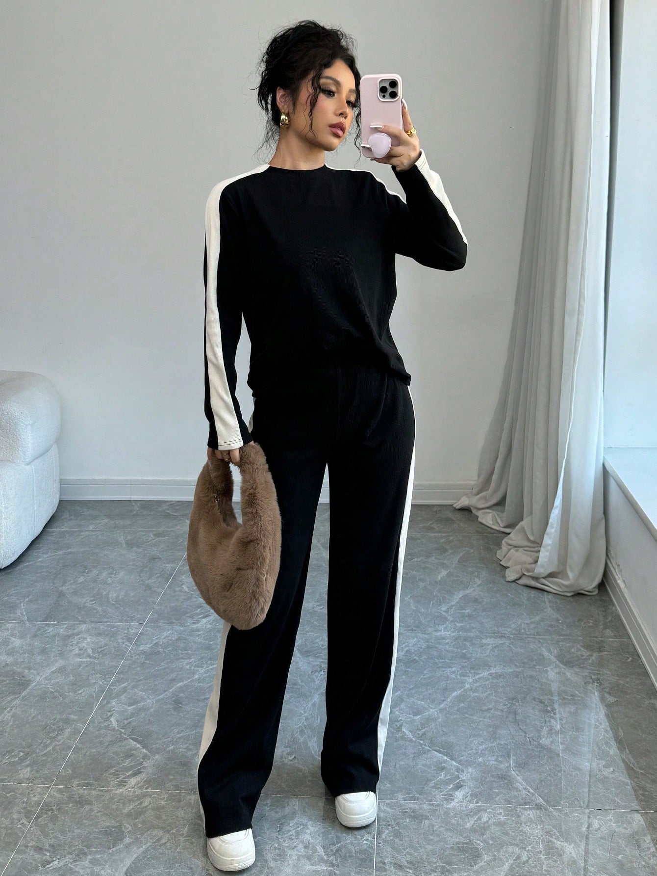  | SHEIN Elenzga 2pcs Women Fashion Striped Contrast Color Round Neck T-Shirt And Long Pants Set | Top and Pant Set | Shein | OneHub